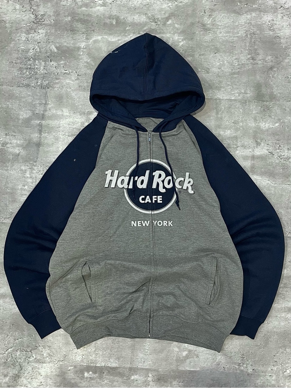 Hard Rock Cafe New York Zip Up Hoodie Gray Navy Graphic Mens Large